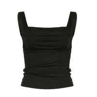 Solid Color Low Square Collar Pleated Slim Strap Women Outerwear Top